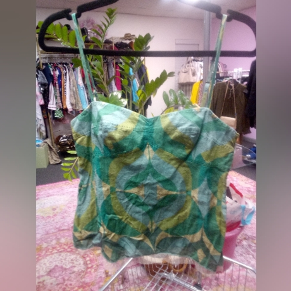 Green Yellow Geometric Patterned Women's Spaghetti Strap Cami Top SMALL